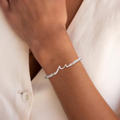Mothers Day Gifts - Beaded Bracelets for Women 14K Silver Gold Plated Stretch Handmade Ball Bracelets Cute Charm Bracelet Dainty Stackable Cross Heart Bow Wave CZ Circle Trendy Jewelry Easter Gifts - color: wave-silver