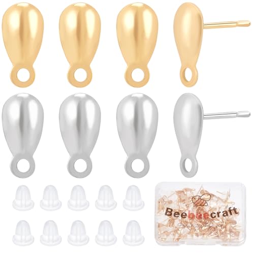 Beebeecraft 1 Box 100Pcs Stud Earring Findings 18K Gold Plated 304 Stainless Steel Teardrop Earrings Studs Findings with Horizontal Loops Ear Nuts for DIY Jewelry Making (Gold, Silver) - color: Gold & Stainless Steel