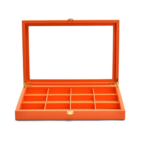 Oirlv Premium Leather Jewelry Organizer Tray with Acrylic Lid Bracelet Bangle Necklace Display Case Drawer Insert 12 Gird Jewelry Case - color: Orange, size: 12 Grid