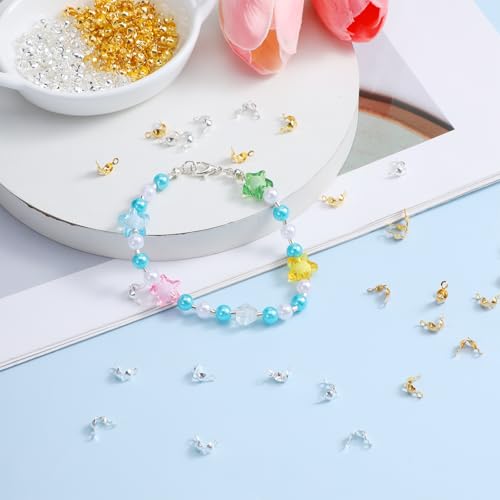 600 Pcs Metal Open Bead Tips Knot Covers, Crimp Covers, Crimping Beads End Caps, Bulk Clamshell Bead Tips for DIY Bracelet, Jewelry Making (Silver, Gold)
