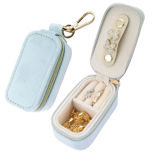 FCGOD Velvet Mini Travel Jewelry Case - 2-in-1 Ring Holder Keychain for Women, Portable Clutch Organizer for Earrings/Necklace, Wedding Party & Vacation Daily Storage Bag Gift Her (Blue) - color: Blue