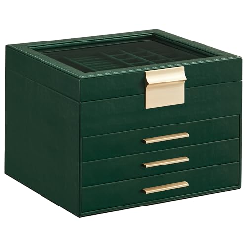 SONGMICS GISELLA Collection - Jewelry Box Organizer, 4-Layer Jewelry Storage with 3 Drawers, Shiny Metal Hardware, Glass Lid, Modern, 8 x 9.1 x 6.5 Inches, Forest Green and Gold Color UJBC173C01 - color: Forest Green + Gold, size: 4 Layer (8"D x 9.1"W)