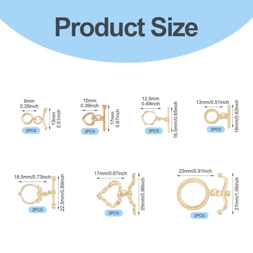 18K Gold Oval Toggle Clasps 14 Sets Heart Jewelry Clasps T-Bar Closure Clasp Fastener IQ End Clap for DIY Necklace Bracelet Earring Jewelry Making - color: 18K Gold-Heart/Flower/Round