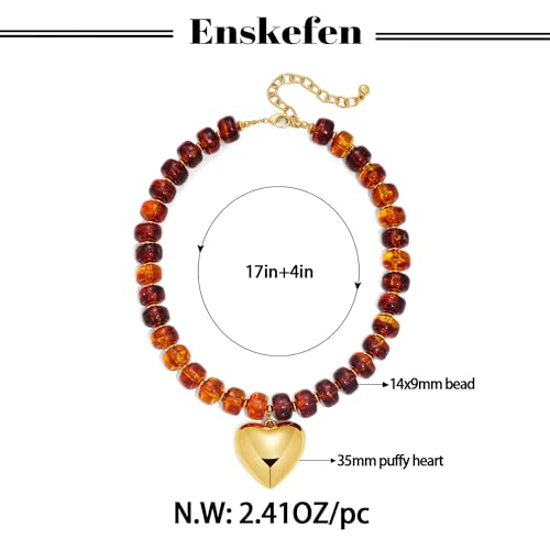 Gold Heart Pendant Necklaces for Women Colorful Acrylic Resin Beaded Choker Necklace Fashion Chunky Statement Beaded Heart Necklace - color: Brown