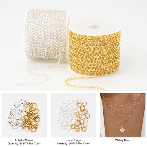 Kyutong 2 Rolls Gold and Silver Extender Chain for Jewelry Making 3MM Wide Curb Links Stainless Steel Necklace Chains Spool on Bulk with Lobster Clasps Jump Rings Jewelry Supplies for Crafts DIY - color: Curb Chain
