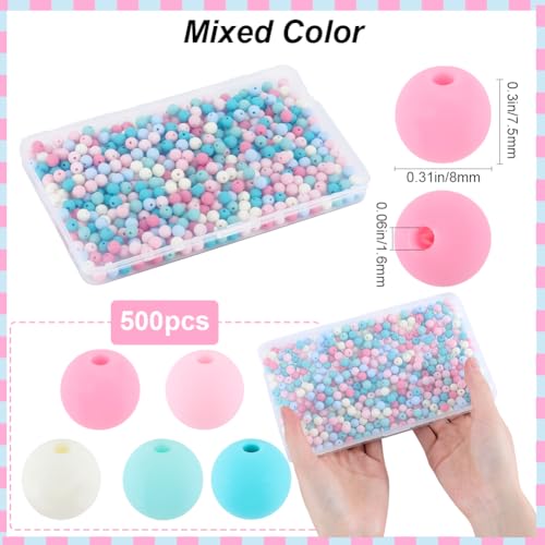 1 Box 500Pcs Rainbow Acrylic Beads Round Plastic Bead Bulk 8mm Candy Color Plastic Balls Bubble Gum Pastel Matte Loose Spacer Beads for Jewelry Making Bracelets Necklaces Earrings Adults - color: Pink, Blue