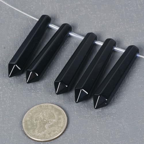 50mm Natural Black Obsidian Hexagonal Wand Jewelry Making Crystal Pointed Chakra Reiki Healing Beads 2mm Hole Drilled(Pack of 5) - color: Black Obsidian