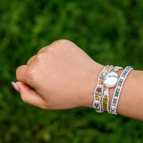 YGLINE Women Boho Handmade Natural Stone Crystal Leather Bead Wrap Bracelets Collection - color: Howlite-3w