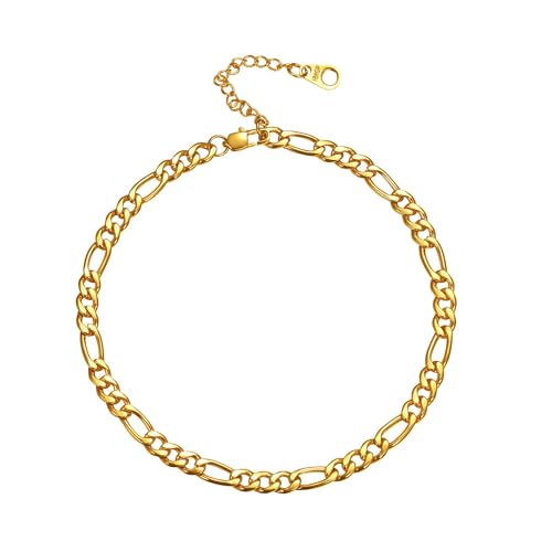 U7 Women Girls Barefoot Jewelry 18K Gold or Rose Gold Stainless Steel Heart/Rope/Figaro/Cuban Chain Anklet Foot Bracelet, 25-30 CM Long - color: Gold Plated-5mm-Figaro Chain