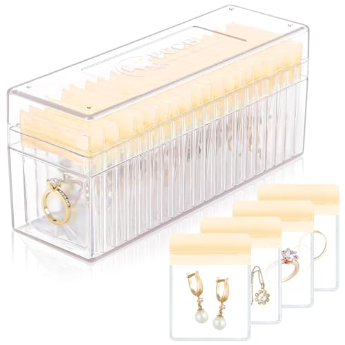 HOMEHIVE Acrylic Jewelry Box Organizer, Clear Jewelry Organizer Holder with 20 Portable Anti Tarnish Jewelry bags, Travel Jewelry Case for Earrings/Rings/Necklaces for Women Girls, Yellow - color: Yellow