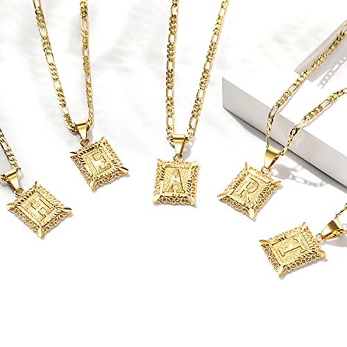 KissYan Initial Letter Pendant Necklace for Men Women, 14K Gold Plated Square Capital Monogram Necklace Alphabets from A-Z Figaro Chain Jewelry - color: 1-Gold, style: E