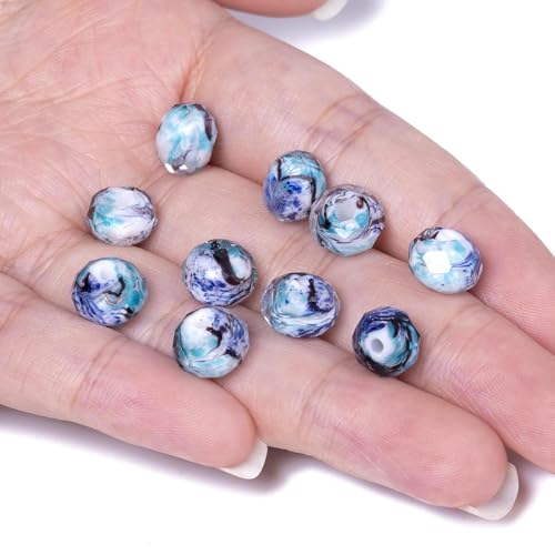 7.5×10mm 50pcs Light Blue Dark Blue Stripe Faceted Lampwork Glass Beads for Jewelry Making, Flat Round Handmade Murano Beads for Bracelets, Crafts, Friendship Bracelet Kit, Rosary Making - color: Light Blue Dark Blue Stripe