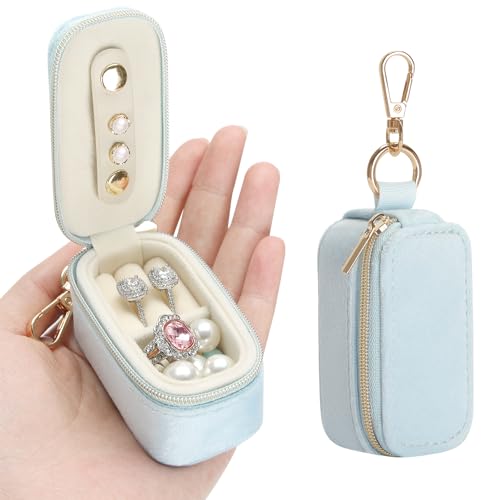 KUKUVR Mini Velvet Travel Jewelry Box with Keychain, Compact Travel Jewelry Holder for Ring Earring Necklace, Jewelry Organizer Case for Gym Daily Use, Ideal Gift for Her (Blue) - color: Blue