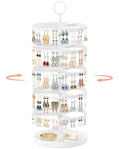 iDavosic.ly 5 Tier Rotating Earring Holder Organizer with Metal Tray, Adjustable Plastic Dangle Display Stands Tree with 285 Grooves, Large Hoop Storage Rack Tower, White - color: White, size: 5 Tiers