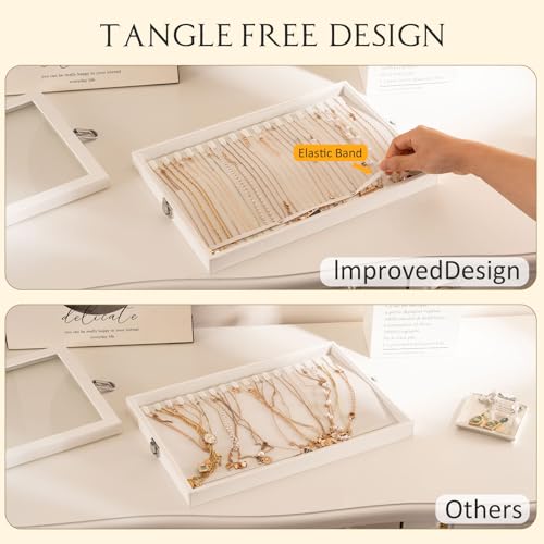 Lolalet Jewelry Organizer Tray with Lid, 18 Hooks Velvet Necklace Organizer Holder Storage Box for Drawer -Beige - style: Necklace