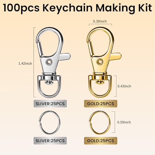 LEOBRO 100PCS Lobster Claw Clasps and Key Rings, Keychain Making kit, Keychains Clips and Key Chain Ring, for Key Chain, Jewelry Making, Art Crafts, Gold & Silver