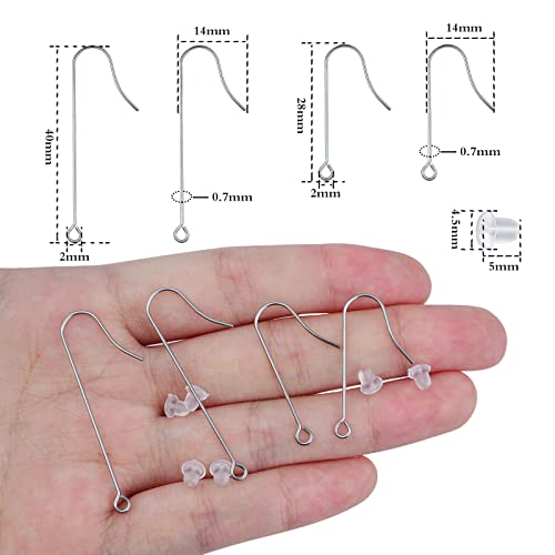 50pcs Stainless Steel Earring Hooks Hypoallergenic Ear Wire Hooks with Hanging Loop Earring Parts and 50pcs Clear Earring Backs for DIY Jewelry Making Supplies, 2 Sizes - color: Silver