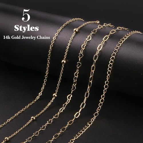 14k Gold Necklace Chain for Jewelry Making, 16.6 Feet Total (5 Rolls) DIY Bracelet Chains with 300 Jump Rings, 50 Lobster Clasps, 1 Jewelry Pliers,1 Support Ring and 50 Pendants - color: 14K Gold-16.6Feet 5 Rolls+Pendants