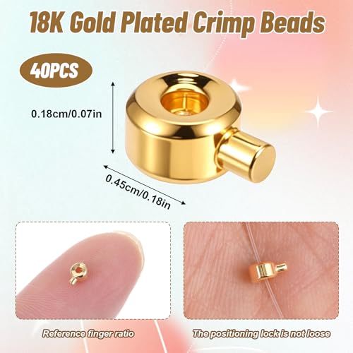 Tyqour 40PCS Crimping Beads for Jewelry Making Gold Crimping Beads for DIY Bracelet, Necklace, Earring Jewelry Making Accessories, Tyqour Brass Metal Crimp Beads