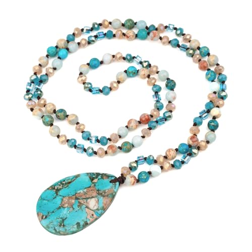 Long Necklaces for Women Boho, Oval Waterdrop Turquoise Pendant, Natural Stone Beaded, Handmade,Vintage & Elegance, Boho Fashion Charm Beaded Necklace for Women - style: B-Turquoise Pendant