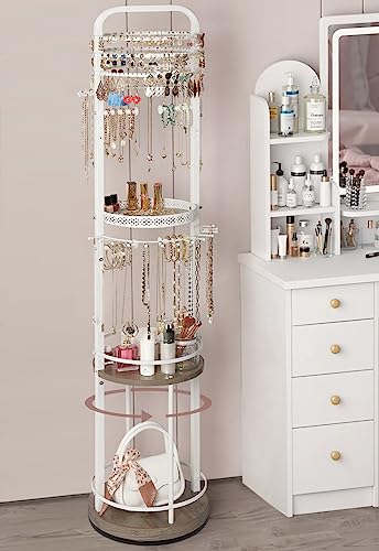 Jewelry Holder Organizer, Floor Jewelry Organizer with Earring Organizer Necklace Holder, Rotating Jewelry Stand Necklace Display Earring Storage, Large Hanging Jewelry Tree for Jewlery Bracelet Ring - color: White