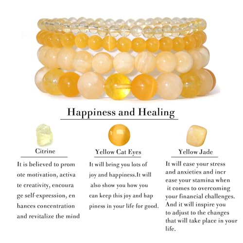 Vinswet 4pcs Beaded Bracelets for Women,Natural Healing Crystal Gemstones Bracelet,Anxiety Stress Relief Bracelet Handmade purple Jewelry Gifts for Women - color: Citrine&Yellow Cat Eyes&Yellow Jade