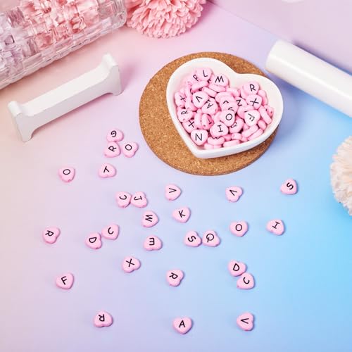 Cheriswelry 100pcs Pink Heart Acrylic Letter Mixed Opaque Black Alphabet Spacer Beads 10.5x11.5mm for DIY Craft Jewelry Making - color: Pink Heart Letter Beads