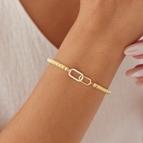 Mothers Day Gifts - Beaded Bracelets for Women 14K Silver Gold Plated Stretch Handmade Ball Bracelets Cute Charm Bracelet Dainty Stackable Cross Heart Bow Wave CZ Circle Trendy Jewelry Easter Gifts - color: zirconia-square