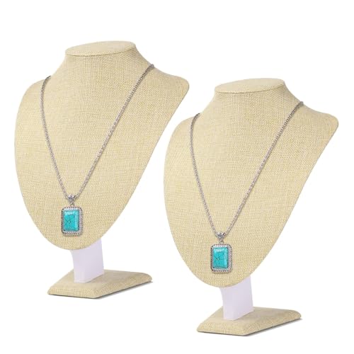 Flexzion Necklace Bust Display Stand (2 Pack) - 11 Inch 3D Mannequin Beige Linen Necklace Display Holder for Home, Boutique & Trade Shows - Jewelry Display for Selling Necklace, Pendants, Lockets - size: Standard Necklace Stand 2 Pack