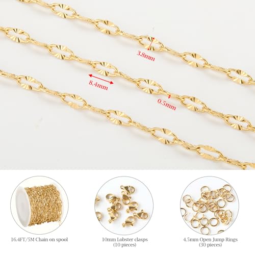 KYUNHOO 5 Meters Gold Plated Chains for Jewelry Making Sunflower Texture Chain Links Gold Stainless Steel Jewelry Chain 8MM Long Lip Chain for Jewelry Craft DIY with Jump Rings Lobster Clasps - color: Cross Oval Gold