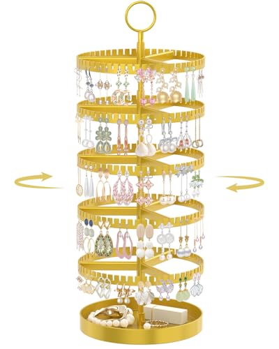 iDavosic.ly 5 Tier Rotating Earring Holder Organizer with Metal Tray, Adjustable Plastic Dangle Display Stands Tree with 285 Grooves, Large Hoop Storage Rack Tower, Gold - color: Gold, size: 5 Tiers