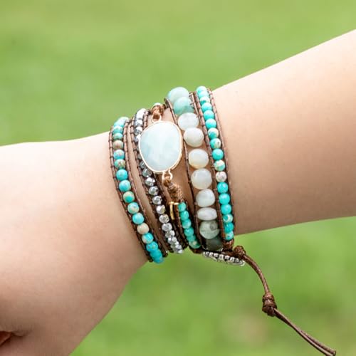 YGLINE Women Boho Handmade Natural Stone Crystal Leather Bead Wrap Bracelets Collection - color: Amazonite