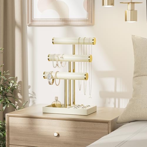 bussdis 3 Tier Bracelet Holder Display - Beige Leather Bracelet Holder, Detachable T Bar Jewelry Holder Organizer for Bracelet, Necklace, Earrings, Rings, Watches, Bangle - color: Beige