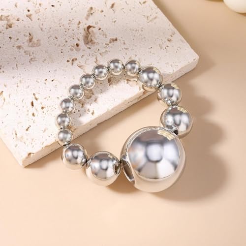 Acrylic Chunky Gold Beaded Bracelet for Women,Extra Big Round Ball Bead Chain Stretch Bracelet,Exaggerated Faux Pearl Bracelets Prom Party Jewelry - color: Silver