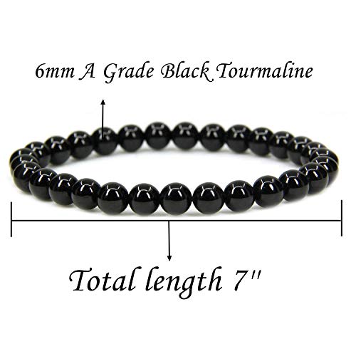 Angelstones Handmade Natural Healing Gemstone 6mm Round Beads Stretch Crystal Bracelet 7 Inch Unisex - color: Black Tourmaline