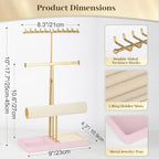 Tirzah 3-Tier Adjustable Gold Jewelry Holder Organizer Stand with 20 Necklace Hooks, 18 Earring Holes and Notches, Bracelet Holder, 6 Ring Rolls, Pink Tray for Girls, Women - color: Gold & Pink, for Necklace Earring Bracelet