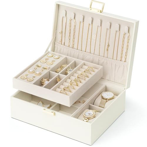 Vlando Jewelry Organizer,2 Layer Jewelry Box Large Jewelry Organizer for Women Removable Jewelery Tray with Watch Pillow for Necklace Earrings Rings Bracelets(Cream White) - color: 01-Cream White-Watch Pillow