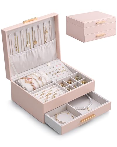 Lolalet 2-Layer Jewelry Box Organizer for Women Girls, Jewelry Storage Case Holder with Drawers for Necklaces Ring Earrings Bracelet Watch, Gifts Choice for Mom Mother’s Day -Pink - color: Pink