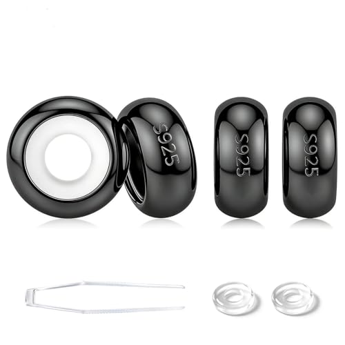 GW Stopper Charms 925 Sterling Silver Round Rondelle Spacer Beads with Exquisite Velvet Bag for Charm Bracelets for Women - color: Black-4PCS