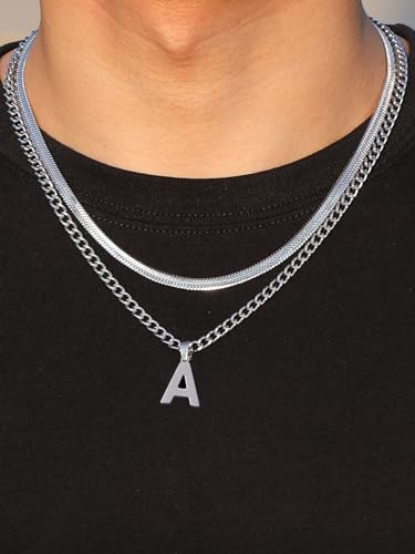 P. BLAKE Layered Initial A-Z Pendant Necklaces for Boys Men, Stainless Steel Letter Cuban Link Herringbone Chain Fashion Jewelry Gifts - color: Silver, size: Letter D