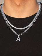P. BLAKE Layered Initial A-Z Pendant Necklaces for Boys Men, Stainless Steel Letter Cuban Link Herringbone Chain Fashion Jewelry Gifts - color: Silver, size: Letter C
