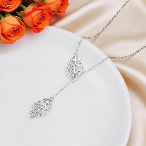 Long Necklace Sterling Silver Larait Bar Y Lariat Long Chain Drop Adjustable Necklace Gift for Her, 30" - style: Long Leaf Lariat Necklace