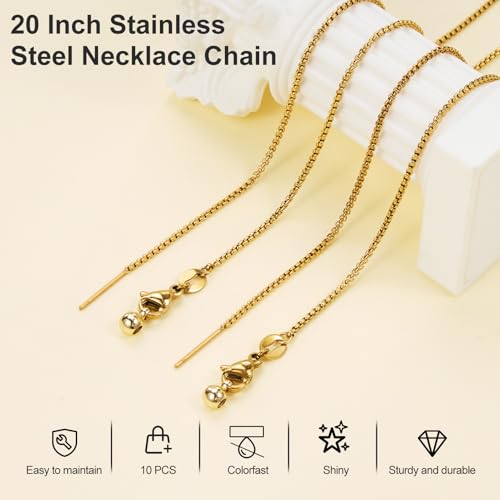 Crisjanggo 10 Pcs Stainless Steel Adjustable Necklace Chains 20 Inch Gold Plated 1 mm Thin Chain Bulk with Rubber Stopper for Jewelry Making - color: Gold Box