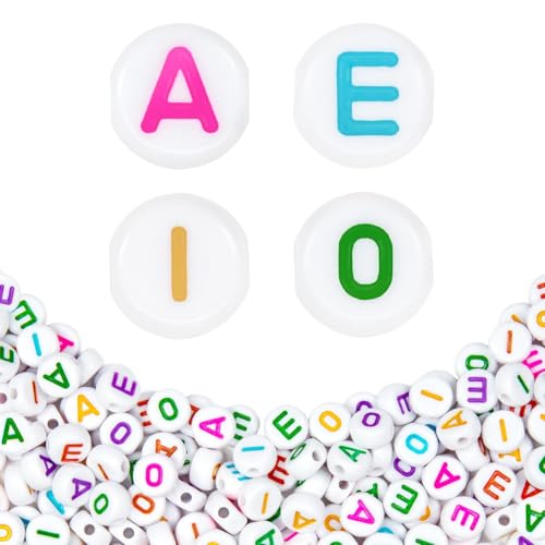 360Pcs 4X7mm Acrylic Letter Beads for Jewelry Making - White Round Vowel Letter E Beads for Bracelets, Necklaces, DIY Crafts - color: 01 AEIO, size: White & Colorful