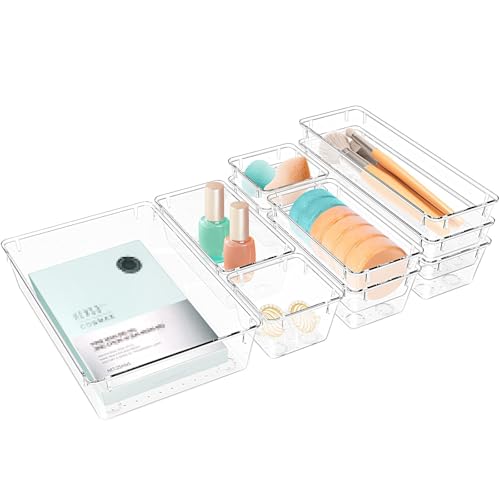 StorMiracle 10 PCS Drawer Organizer Set,4 Varied Size Bathroom and kitchen Drawer cabinet organizer Trays, Clear Storage Bins for Makeup, Jewelry, Utensils and Gadgets - color: Clear, size: 10 PCS