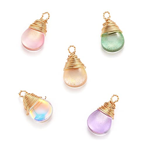 KitBeads 50pcs Glass Water Drop Charms Transparent Colorful Gold Plated Teardrop Charms for Jewelry Making