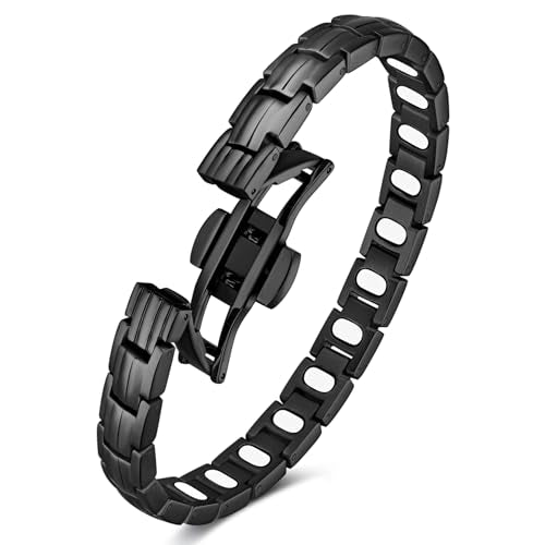 Feraco 5X Strength Magnetic Bracelets for Women, Stainless Steel Magnet Bracelet with Ultra Powerful 5000 Gauss Magnets, Upgraded Butterfly Clasp, Adjustable Jewelry Gift - color: Dark Black