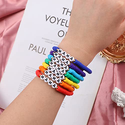 Rainbow Heishi Surfer Bracelets Set for Women Stackable Clay Beaded Bracelets Disc Stretch Preppy Bracelets Layering Colorful Friendship Bracelets Team Cheer Bulk Boho Summer Beach Jewelry Gift - style: MAMA