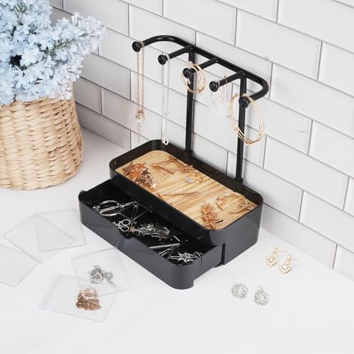 WCHOSOZH Jewelry Organizer Stand, 2-Tier Necklaces Holder with Wooden Tray and 5 Storage Hooks, Earring Holder with 5 Pcs Jewelry Bags for Bracelet,Chains,Rings,Earrings,Keys Watches (Black) - color: Upgraded Black