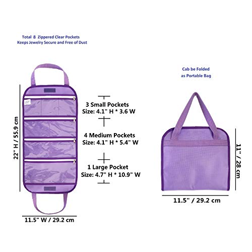 Travel Foldable Jewelry Rolls Bag Storage Pouch Hanging Jewelry Organizer with 8 Zippered Clear Pockets for Earrings Rings Necklaces Bracelets Watchbands (Purple)